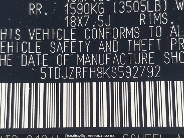 Toyota Highlander Xle 2019 5TDJZRFH8KS592792 Image 9