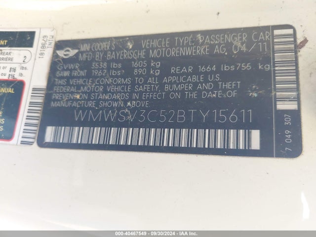 2011 MINI COOPER S WMWSV3C52BTY15611 Photo 8