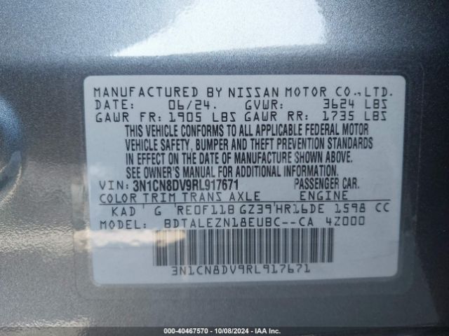 3N1CN8DV9RL917671 Nissan Versa 1.6 S