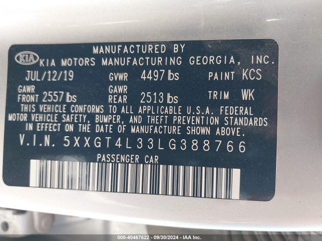 KIA Optima Lx 2020 5XXGT4L33LG388766 Image 9