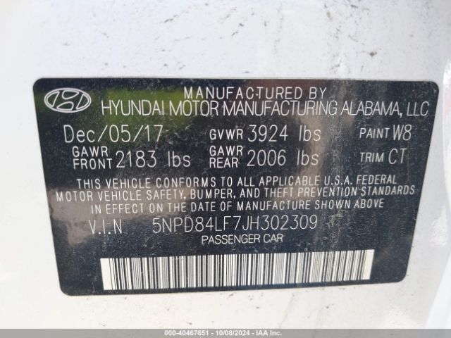 5NPD84LF7JH302309 Hyundai ELANTRA SEL