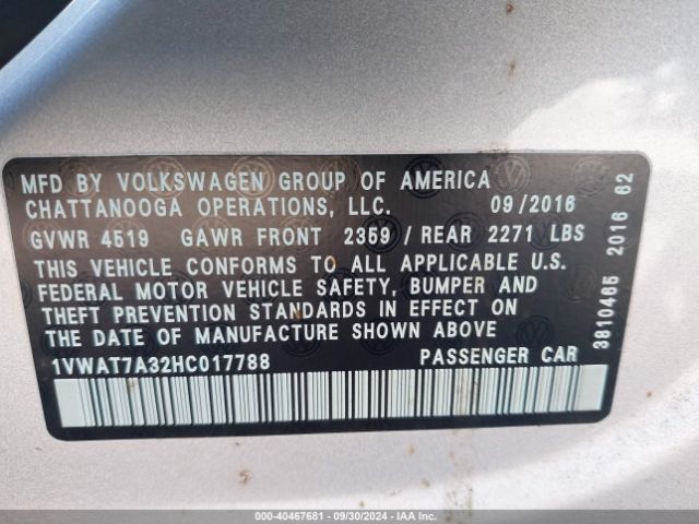 1VWAT7A32HC017788 Volkswagen Passat 1.8t S