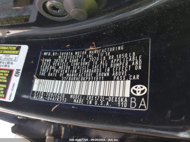 Toyota COROLLA SE 2019 5YFBURHE0KP911911 Image 9