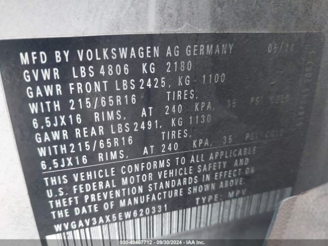 WVGAV3AX5EW620331 Volkswagen TIGUAN S