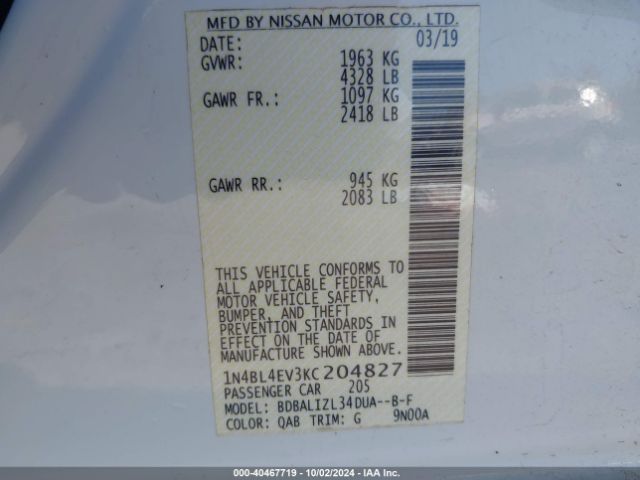 1N4BL4EV3KC204827 Nissan Altima 2.5 Sl