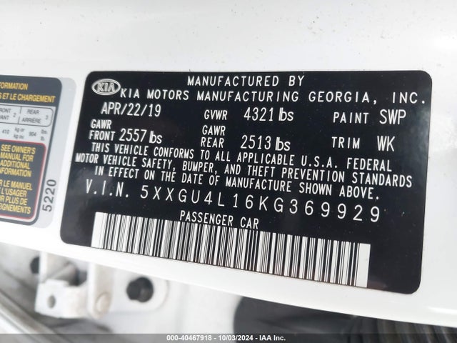 5XXGU4L16KG369929 KIA OPTIMA EX