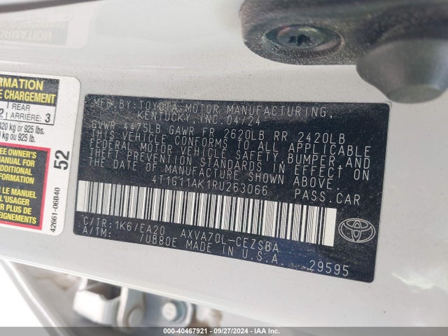 Продаж на аукціоні авто 2024 Toyota Camry Se, vin: 4T1G11AK1RU263066, номер лоту: 40467921