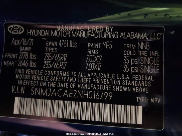 Hyundai TUCSON SE 2022 5NMJACAE2NH016799 Image 9