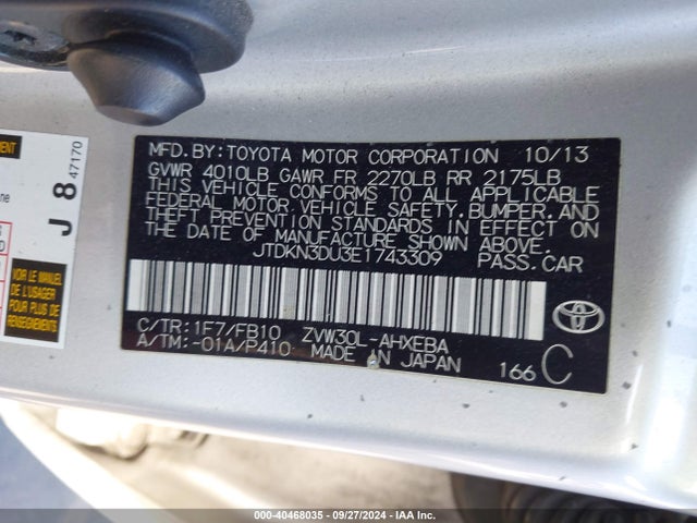 Toyota Prius Two 2014 JTDKN3DU3E1743309 Image 9