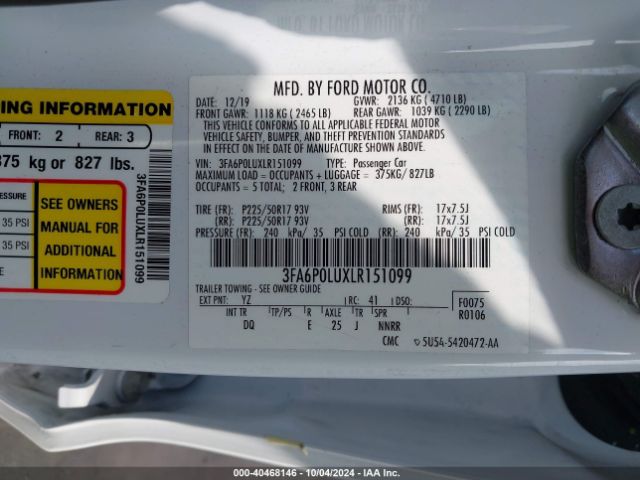 3FA6P0LUXLR151099 Ford Fusion Hybrid Se