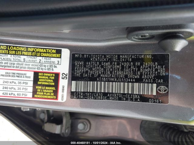 4T1B11HK8JU113444 Toyota CAMRY XLE