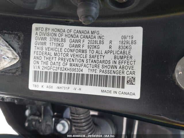 Honda Civic Sport 2019 2HGFC2F82KH596304 Image 9