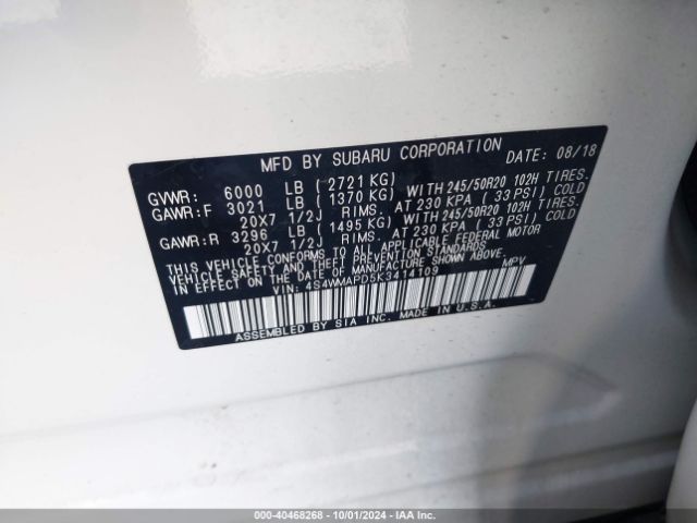 4S4WMAPD5K3414109 Subaru Ascent Limited