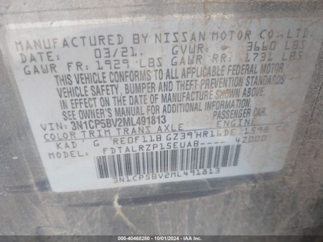 3N1CP5BV2ML491813 Nissan Kicks S Xtronic Cvt