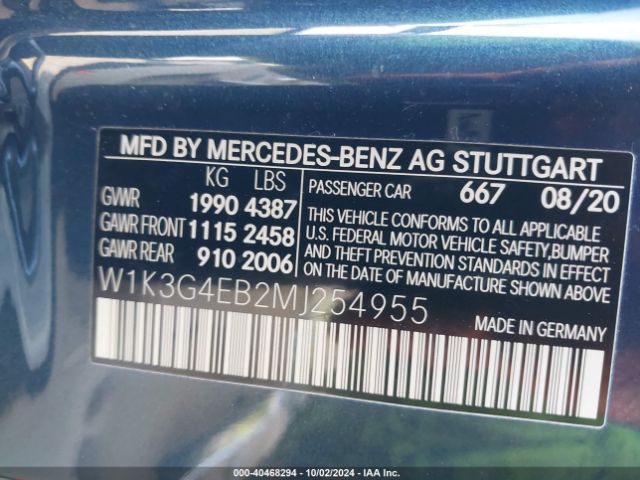 W1K3G4EB2MJ254955 Mercedes-Benz A 220