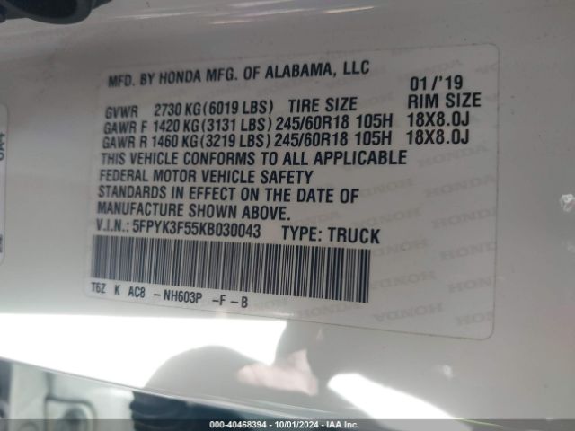 5FPYK3F55KB030043 Honda Ridgeline Rtl