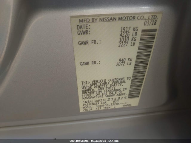 Nissan Altima 2.5 S 2018 1N4AL3AP2JC214325 Image 9