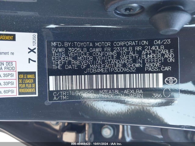 Toyota COROLLA LE 2023 JTDB4MEE1P3009632 Image 9