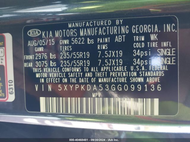 5XYPKDA53GG099136 KIA Sorento 3.3l Sxl