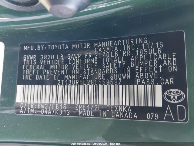 40468555 :رقم المزاد ، 2T1BURHE2GC559597 vin ، 2016 Toyota Corolla Le مزاد بيع
