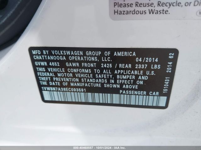 1VWBN7A38EC093591 Volkswagen Passat 2.0l Tdi Se