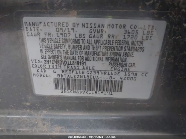 3N1CN8DVXLL819191 Nissan Versa S Xtronic Cvt