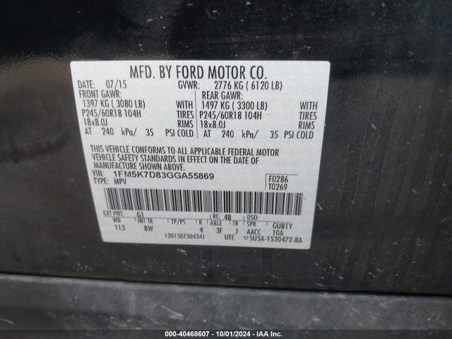 Aukcja sprzedaży 2016 Ford Explorer Xlt, vin: 1FM5K7D83GGA55869, numer aukcji: 40468607