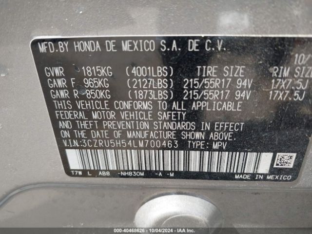 3CZRU5H54LM700463 Honda Hr-v 2wd Ex