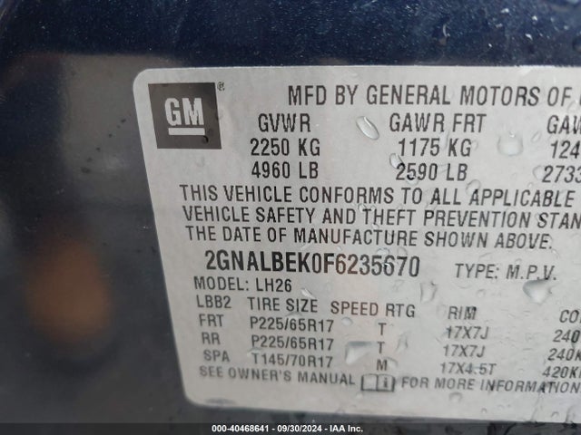Chevrolet EQUINOX 1LT 2015 2GNALBEK0F6235670 Image 9