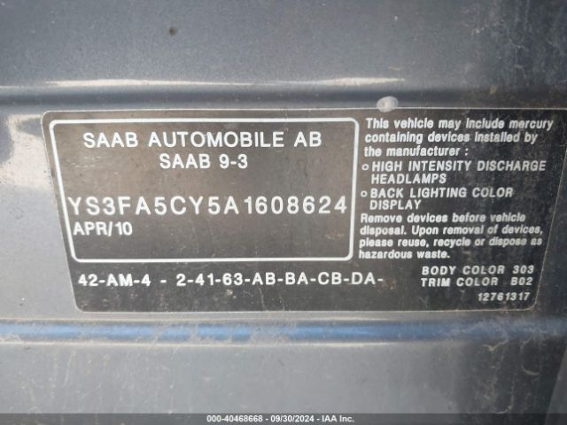 2010 SAAB 9-3 YS3FA5CY5A1608624 Photo 8