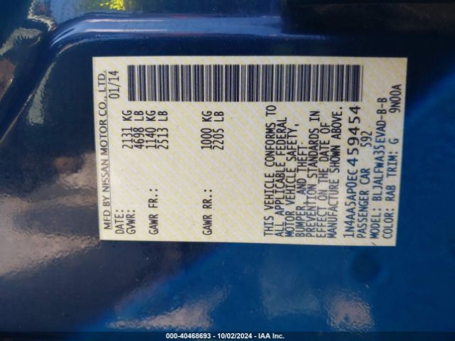 1N4AA5AP0EC459454 Nissan Maxima 3.5 Sv