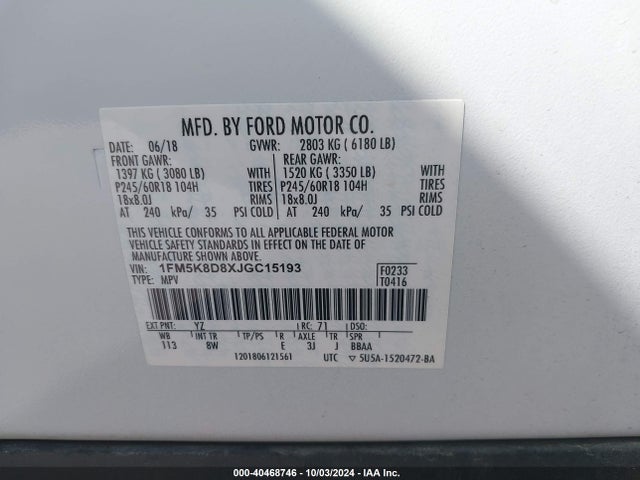 Ford EXPLORER XLT 2018 1FM5K8D8XJGC15193 Image 9