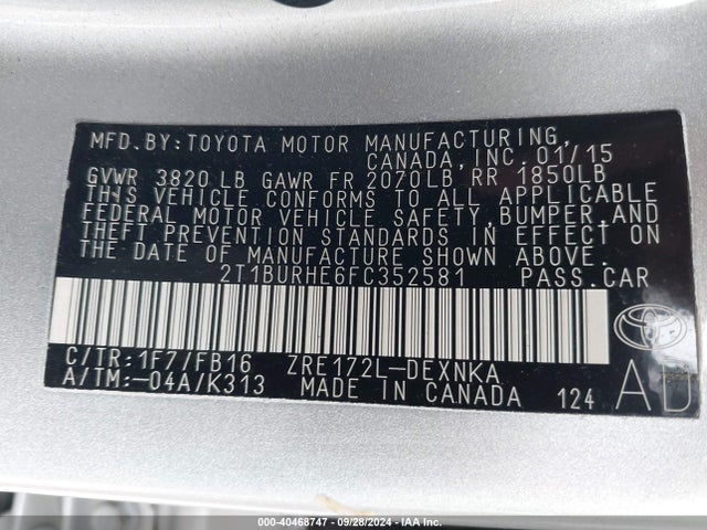 Toyota COROLLA LE 2015 2T1BURHE6FC352581 Image 9