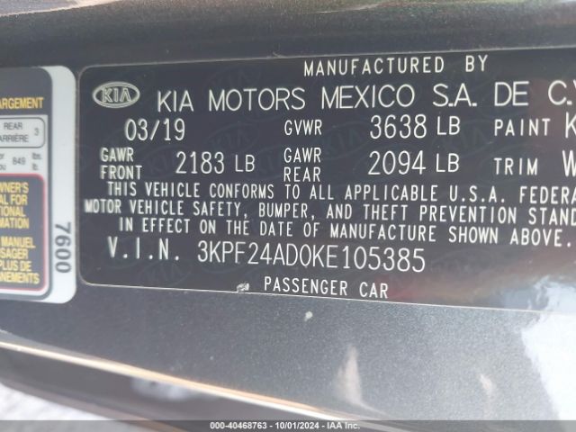 3KPF24AD0KE105385 KIA FORTE FE