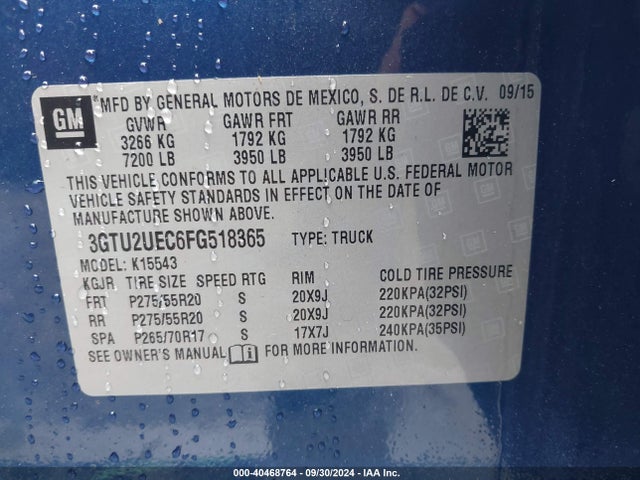 GMC Sierra 1500 Sle 2015 3GTU2UEC6FG518365 Image 9