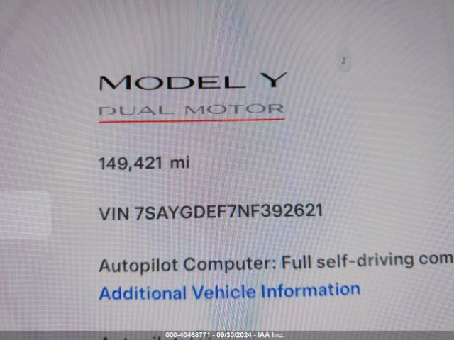 7SAYGDEF7NF392621 Tesla Model Y Performance Dual Motor All-wheel Drive