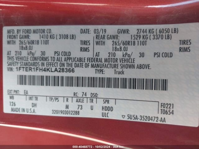 1FTER1FH4KLA28366 Ford Ranger Lariat