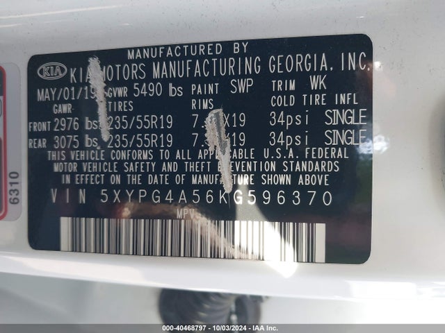 KIA Sorento 3.3l S 2019 5XYPG4A56KG596370 Image 9
