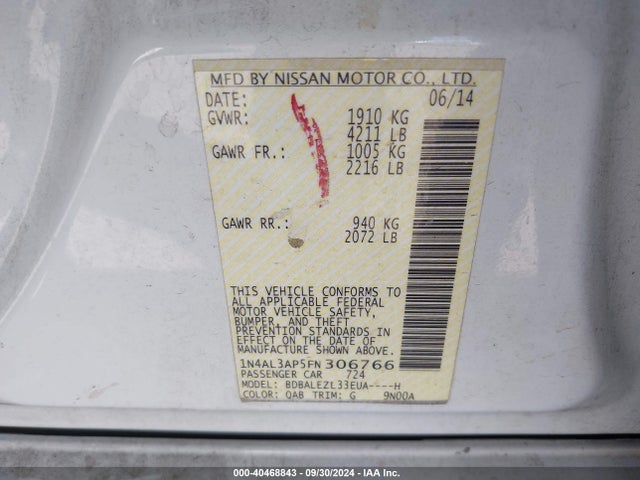 Nissan Altima 2.5 S 2015 1N4AL3AP5FN306766 Image 9