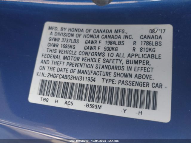 2HGFC4B03HH311954 Honda Civic Lx-p