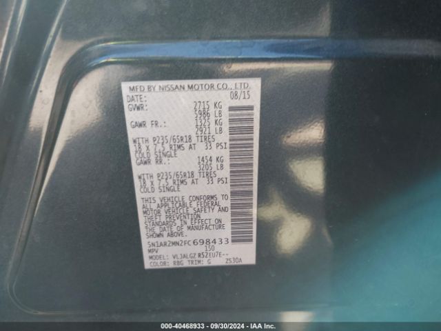 5N1AR2MN2FC698433 Nissan Pathfinder Platinum/s/sl/sv