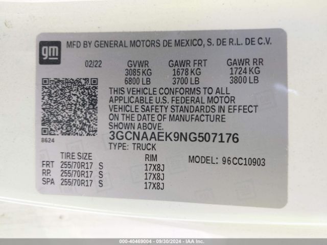 3GCNAAEK9NG507176 Chevrolet Silverado 1500 2wd  Long Bed Wt