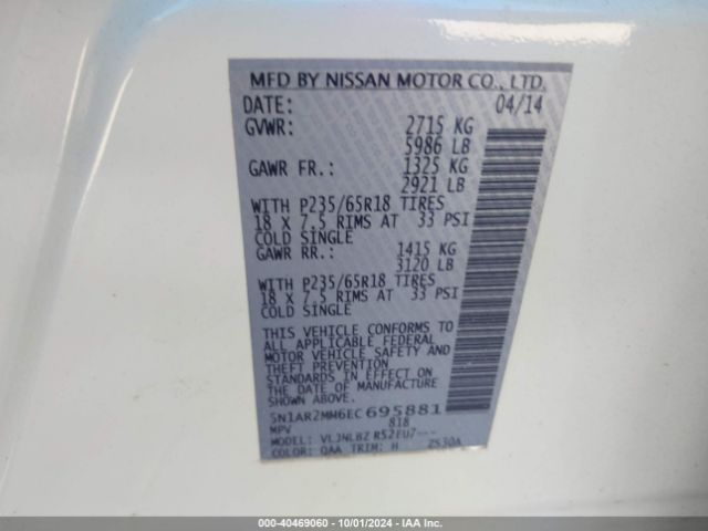 5N1AR2MM6EC695881 Nissan Pathfinder Platinum/s/sl/sv