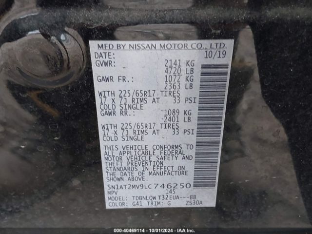 5N1AT2MV9LC746250 Nissan Rogue Sv Intelligent Awd
