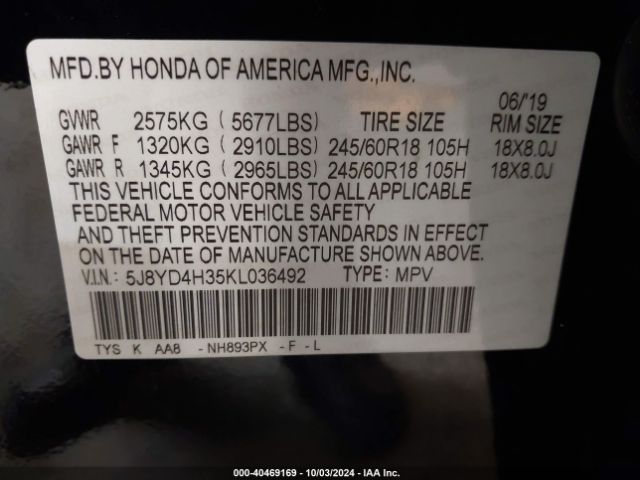 5J8YD4H35KL036492 Acura Mdx Standard