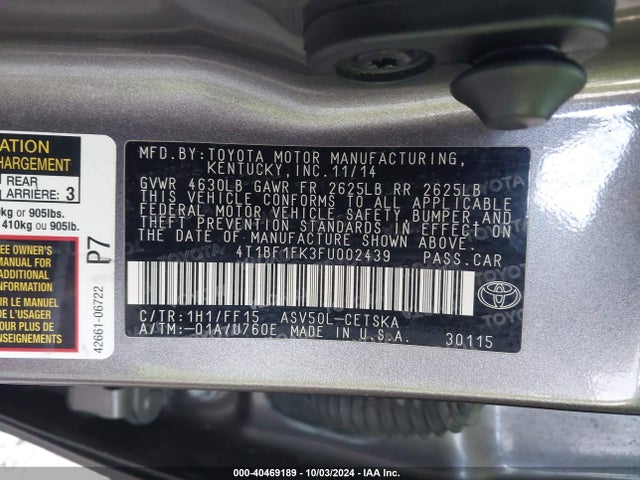 Toyota CAMRY SE 2015 4T1BF1FK3FU002439 Image 9