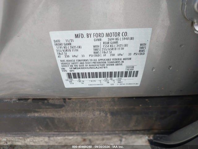 Ford EXPLORER XLT 2022 1FMSK8DH2NGA24781 Image 9