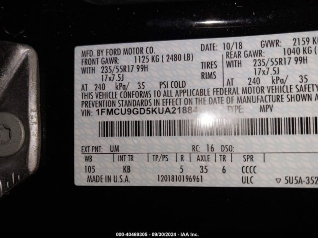 1FMCU9GD5KUA21884 Ford ESCAPE SE