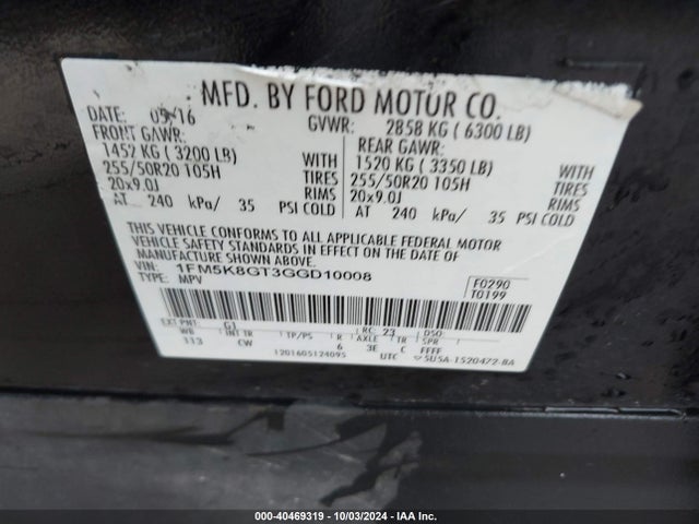 Ford EXPLORER SPORT 2016 1FM5K8GT3GGD10008 Image 9