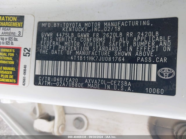 4T1B11HK7JU081764 Toyota CAMRY SE